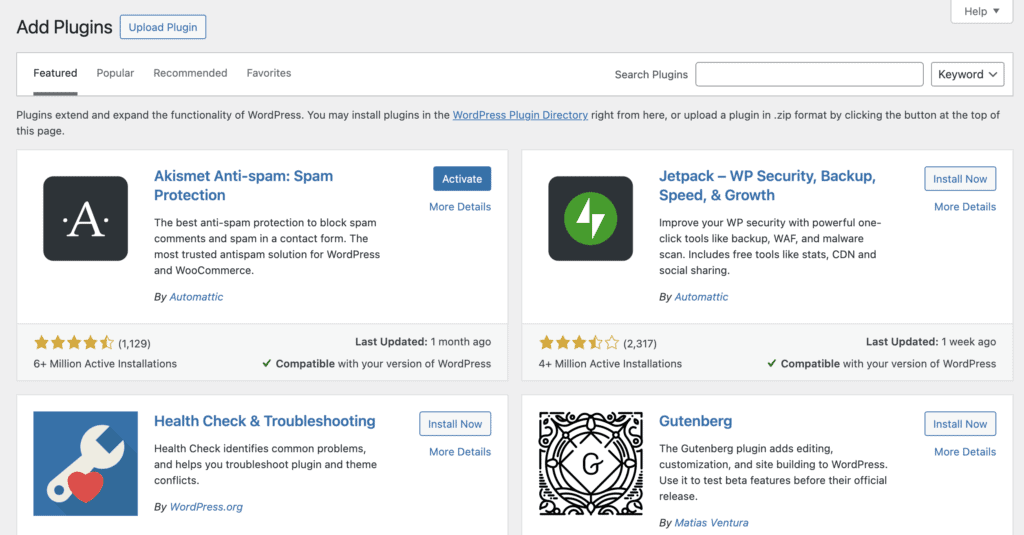 Plugins section WordPress
